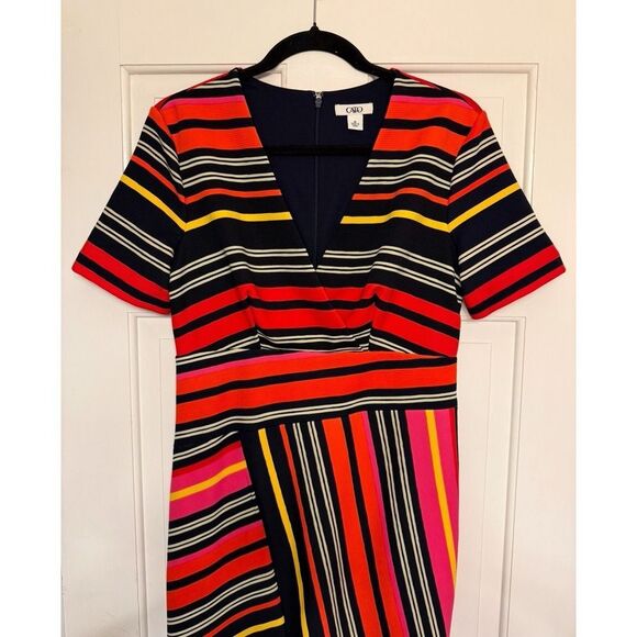 Cato Fully Lined Multicolor Dress with Multidirectional Stripes V-Neck Size 10 - Picture 11 of 11